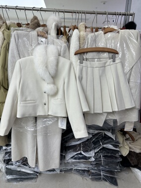 SY韩系新款时尚高品质毛领可拆卸短款加羽绒外套半身裙两件套套装