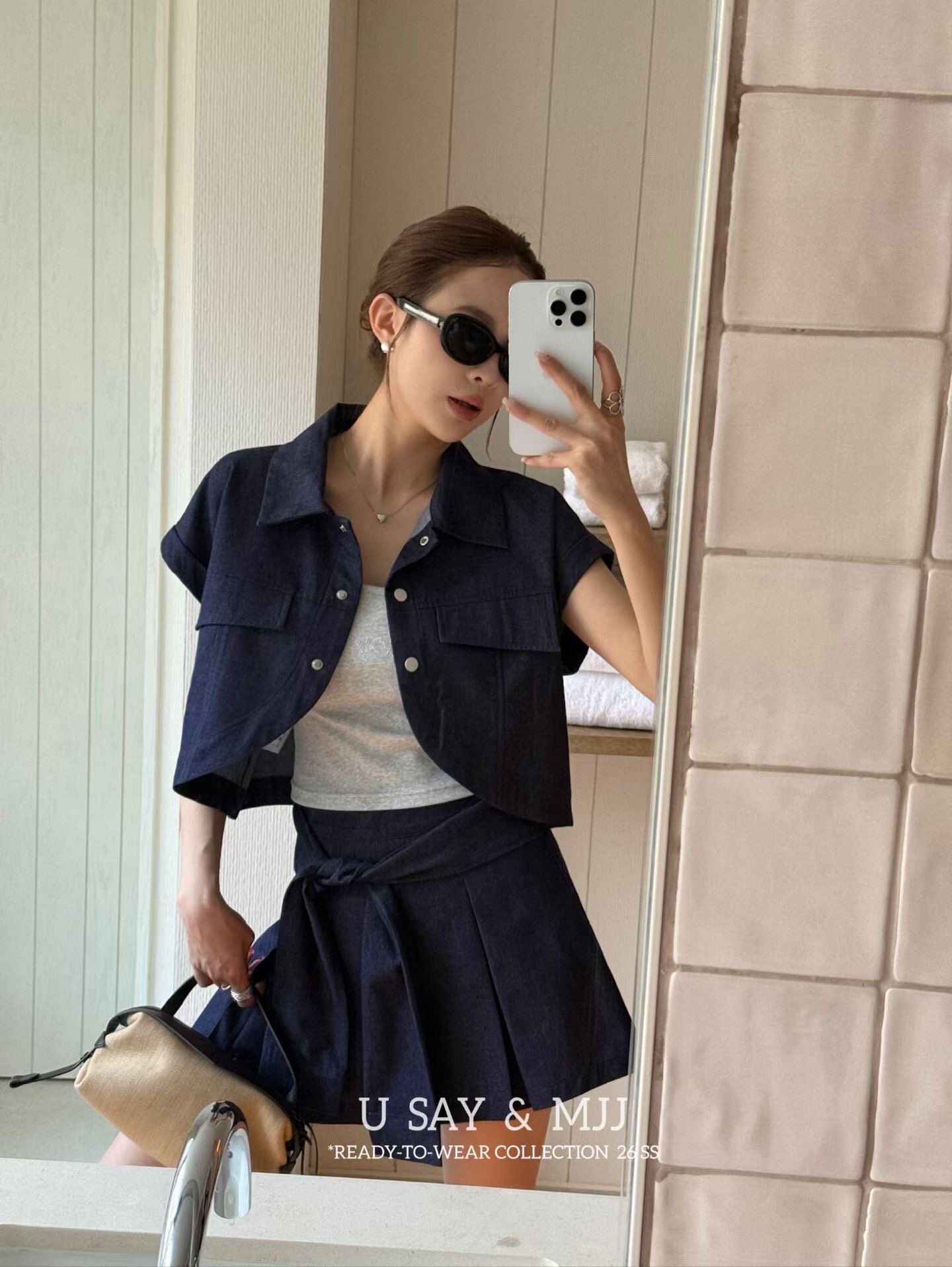 SY韩系新款时尚高品质牛仔短袖外套加吊带搭配牛仔短裙小个子套装