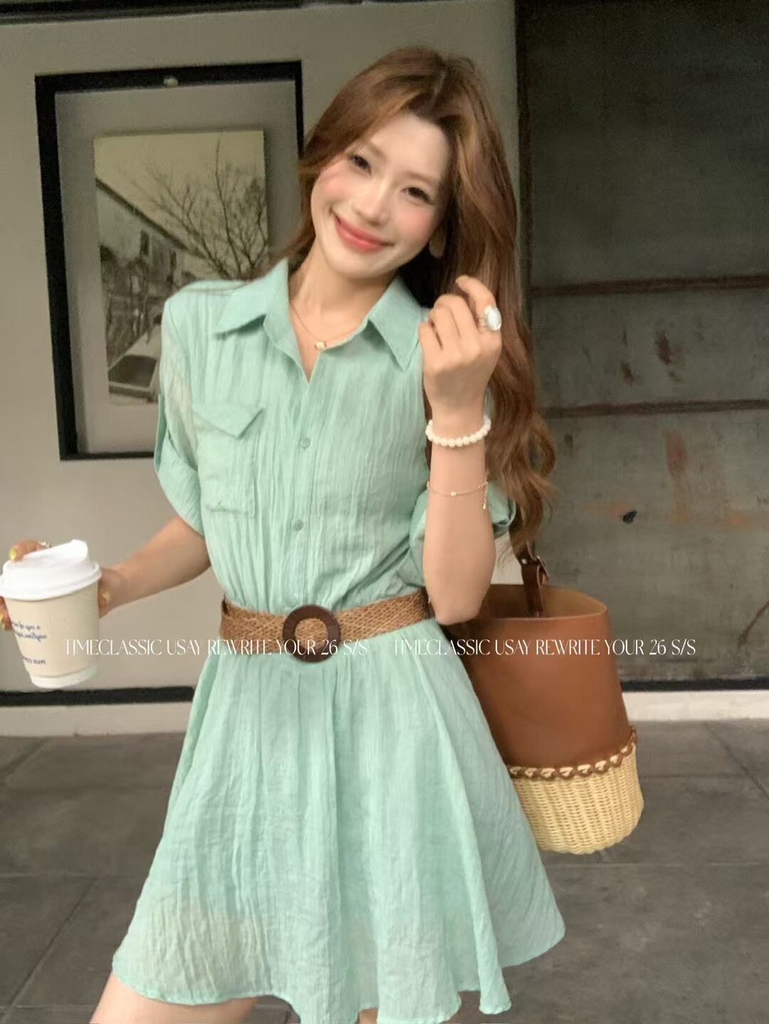 SY韩系新款时尚高品质翻领短袖高腰显瘦衬衫连衣裙绑带小个子短裙