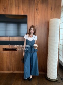 SY韩系新时尚高品质牛仔设计感吊带搭配短袖T恤休闲直筒裤三件套