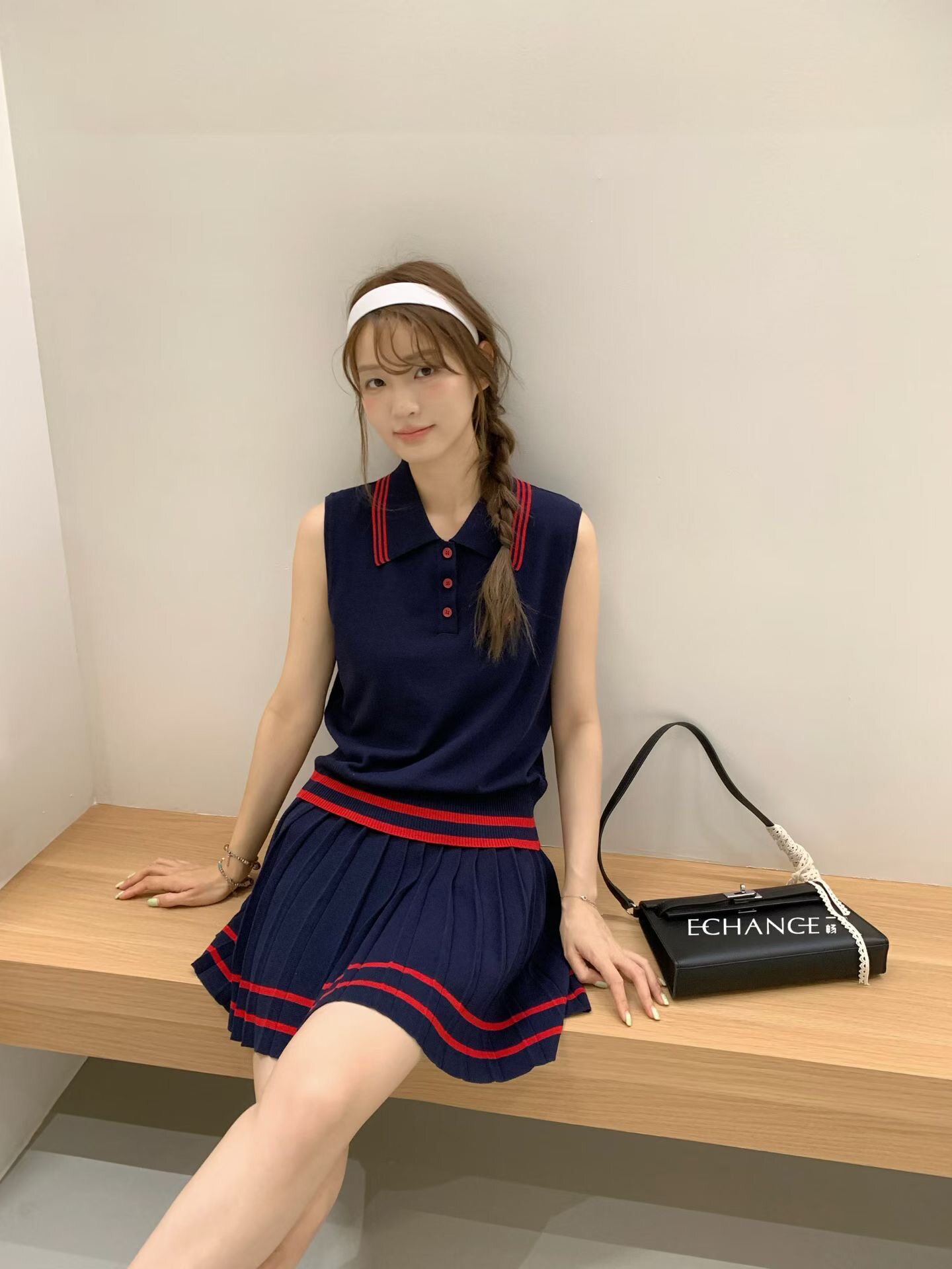 SY韩系新款时尚高品质翻领无袖Polo领学院背心高腰百褶半身裙套装