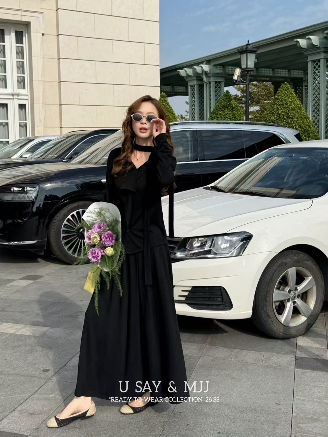 SY韩系新款时尚高品质圆领木耳边带飘带上衣搭配长裙两件套套装女