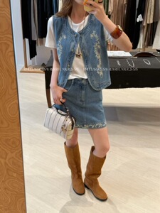 SY韩系新款时尚高品质刺绣复古精致牛仔马甲外套搭配短裙两件套女