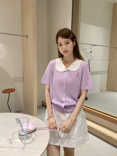 SY韩系新款时尚高品质设计感娃娃领拼色冰丝薄短袖针织衫甜美上衣