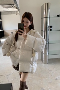 韩国设计感圆领中长款加厚羽绒服小众新款针织可拆卸帽子泡芙外套