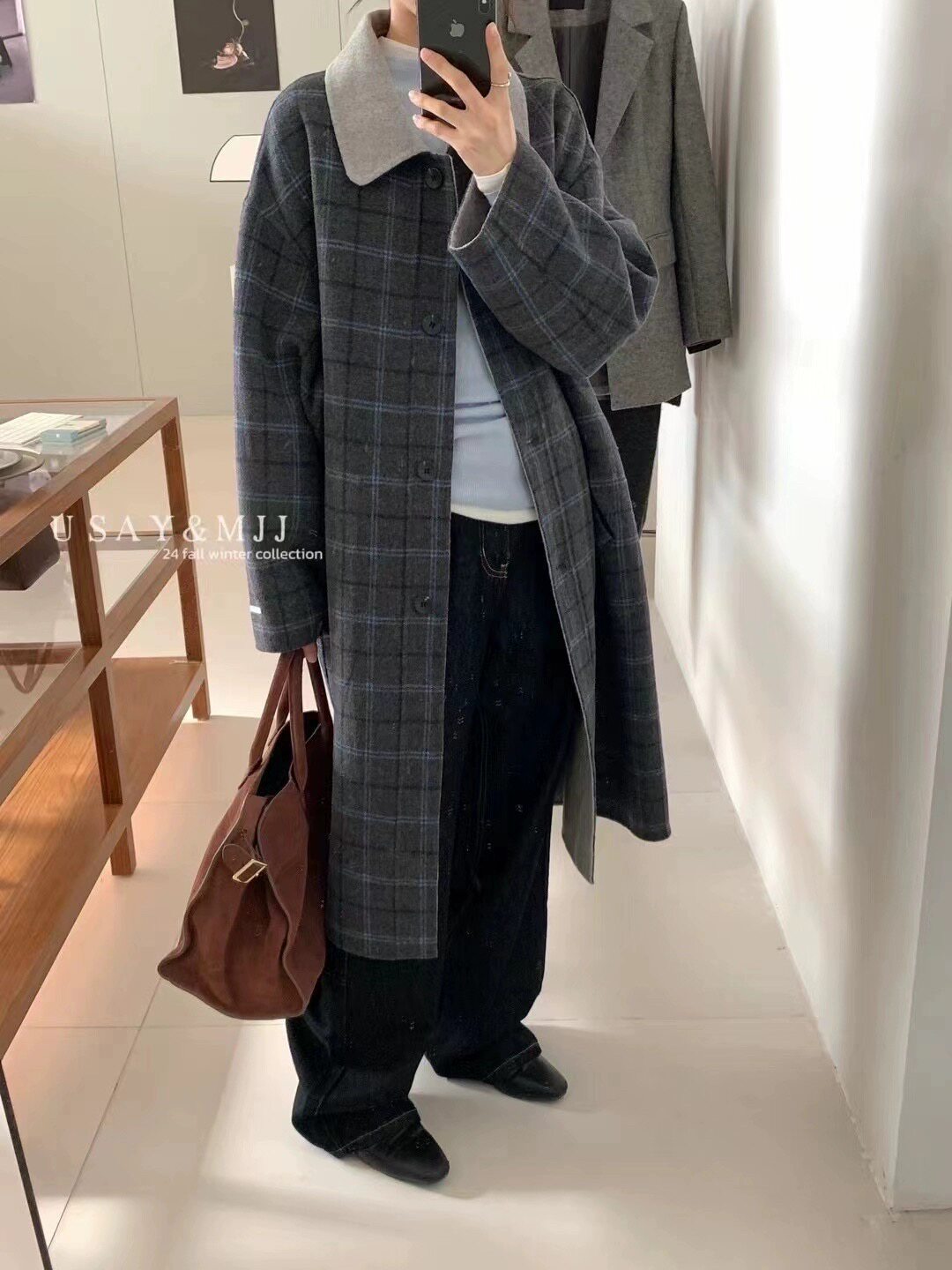 韩国新款时尚气质领子撞色中长双面羊绒大衣高品质正反两穿外套女