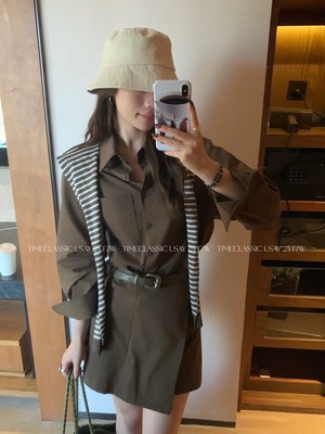 SY韩系新款时尚设计感小众翻领长袖衬衫连衣裙显瘦带披肩气质短裙