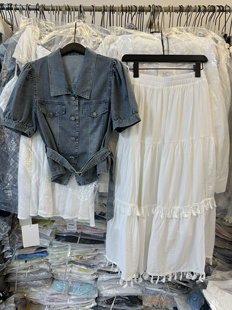 法式新款时尚设计感小众翻领短袖薄牛仔系带上衣松紧中长裙套装女