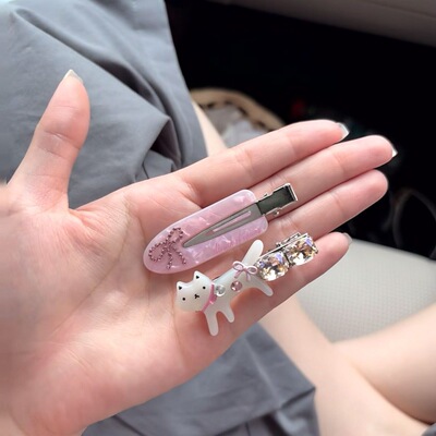 nah 可爱猫咪水钻发夹粉色蝴蝶结鸭嘴夹甜美少女侧边夹碎发刘海夹