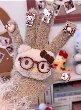 nah手作美拉德可爱kitty猫豹纹手套奶呼呼毛绒秋冬保暖户外骑行