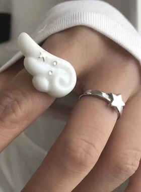 nah天使翅膀戒指可爱开口指环银色星星简约韩系小众个性亚文化Y2K