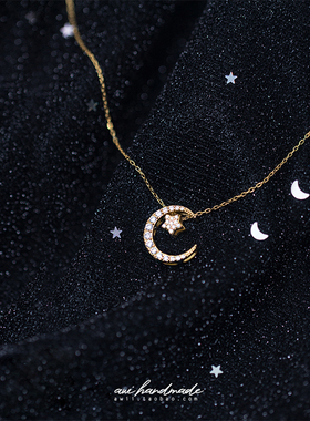 手作风月亮黑钻银镀金项链