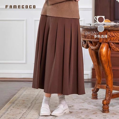 Famecoco通勤百搭A字百褶裙保暖加厚学院风半身裙附腰带FAB8HA010