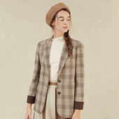 Famecoco折扣店学院风格 纹休闲西装 百搭女士西服外套F221AW012