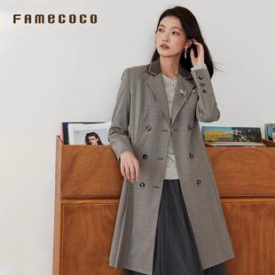 Famecoco英伦学院风立裁收腰格纹中长款 外套高级感FAB6AW006 西装