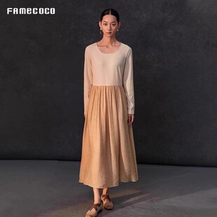 休闲百搭显瘦圆领连衣裙FAC1FA010 Famecoco简约气质宽松长裙法式