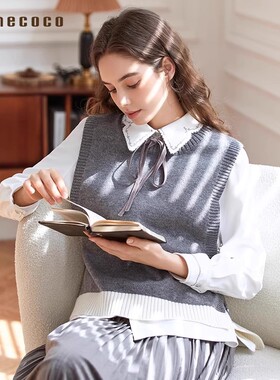 Famecoco折扣店设计感撞色套头针织马甲背心短款宽松FAB8CA012