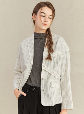 Famecoco折扣店条纹亚麻落肩外套短款宽松休闲薄款上衣F221AB009