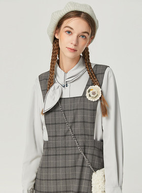 Famecoco折扣店套裙文艺复古格纹衬衫长款背带裙两件套F225EA002