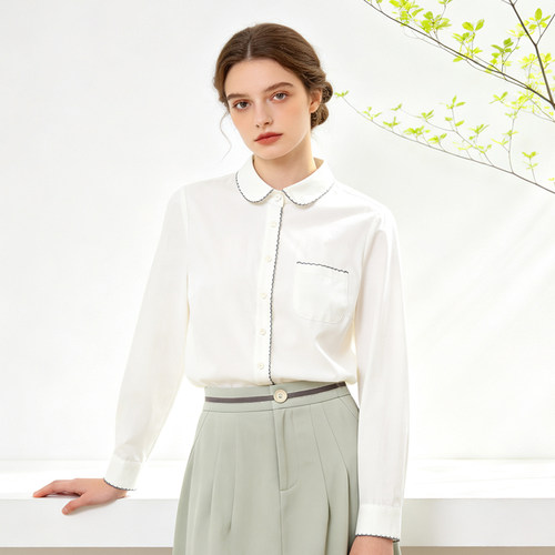 Famecoco折扣店基础款纯棉白衬衫百搭娃娃领长袖衬衣FAB8BH017