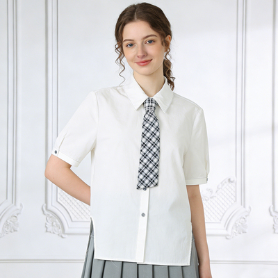 Famecoco折扣店送领带白色短袖衬衫通勤显瘦纯棉上衣F223BH008