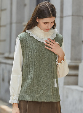 Famecoco折扣店复古绞花圆领套头马夹绿色针织马甲叠穿FAB8CA025