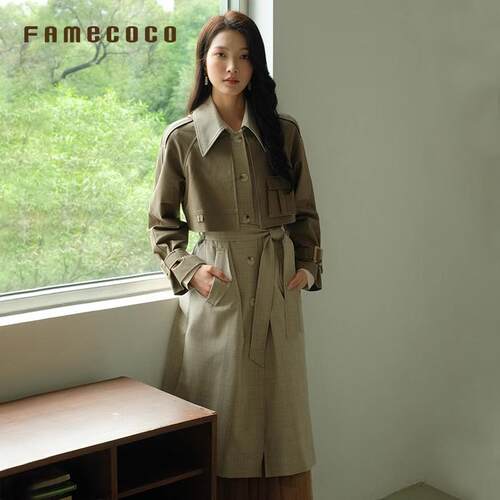 Famecoco折扣店设计感假两件翻领拼接格纹长款风衣外套FAB6AT004