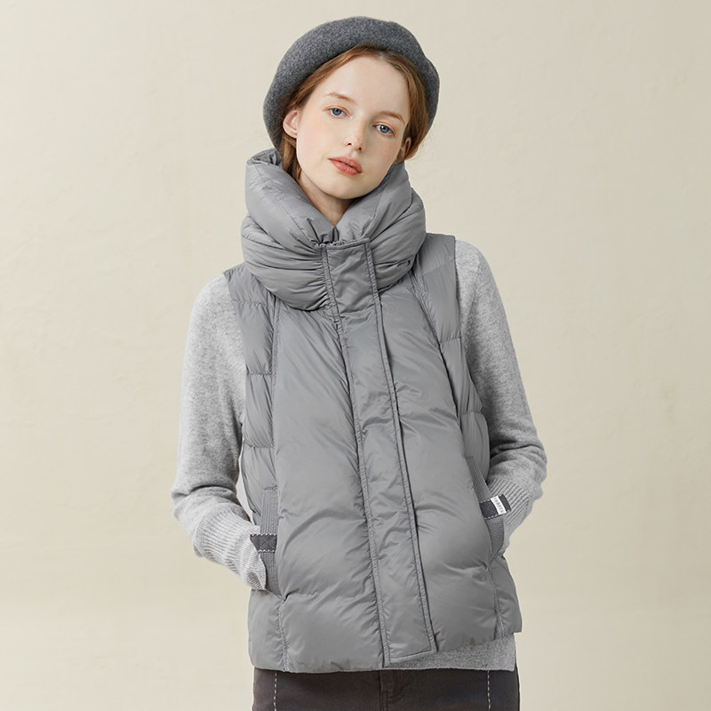 Famecoco折扣店小众双层立领羽绒马甲短款白鸭绒背心F228CA029