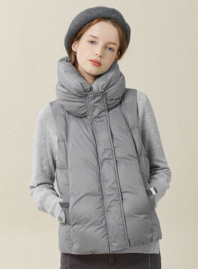 Famecoco折扣店双层立领短款羽绒马甲时尚白鸭绒背心F228CA029