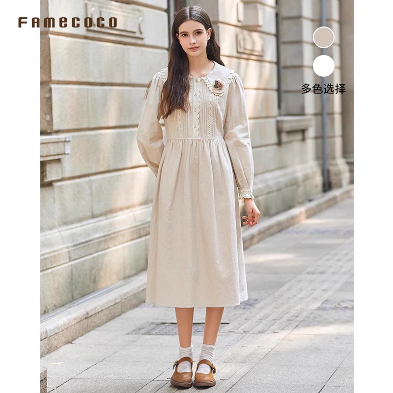 花边娃娃领宽松长袖纯棉连衣裙