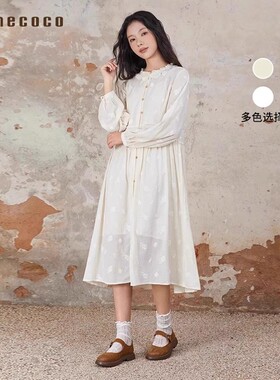 Famecoco折扣店甜美花边领刺绣连衣裙纯棉初恋感长裙FAB6FA020