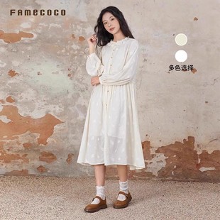 Famecoco范可儿甜美花边领刺绣H型连衣裙纯棉白月光长裙FAB6FA020
