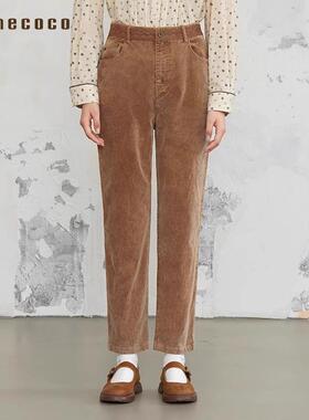 Famecoco复古灯芯绒窄版显瘦直筒裤蕾丝拼接休闲裤高腰FAB6GA021