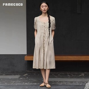 Famecoco折扣店法式方领灯笼袖长裙做旧天丝收腰连衣裙FAC3FA069