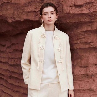 Famecoco设计感国风盘扣立领大衣短款 保暖毛呢外套FAB8AP032 修身