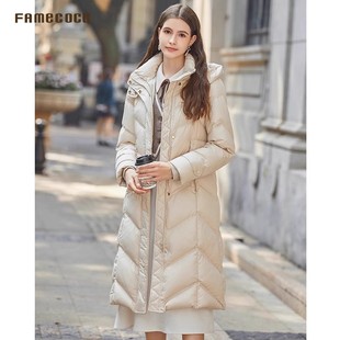Famecoco折扣店连帽立领90白鸭绒加厚羽绒服长款 过膝FAB8AH005