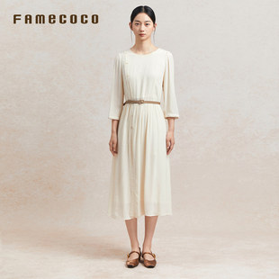 famecoco折扣店温柔通勤开叉连衣裙收腰显瘦七分袖长裙FAC3FA037