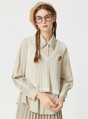 Famecoco折扣店百搭学院风镂空V领短款马甲针织背心叠穿F225CA013