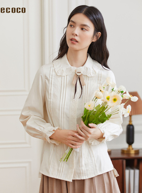 Famecoco折扣店田园风花边娃娃领衬衣加厚密丝绒衬衫F228BH005