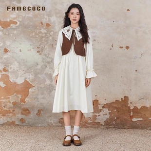 Famecoco范可儿度假风套裙复古海军领连衣裙马甲两件套FAB6EA008