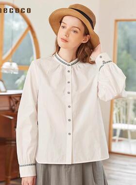 Famecoco折扣店民族风小立领纯棉衬衫宽松百搭正肩衬衣FAB1BA007