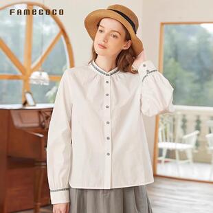 Famecoco折扣店民族风小立领纯棉衬衫 宽松百搭正肩衬衣FAB1BA007