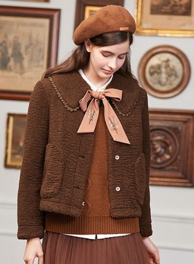 Famecoco折扣店法式复古娃娃领摇粒绒保暖外套短款百搭FAB8AP001