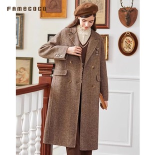 Famecoco折扣店学院风西装 大衣宽松复古毛呢外套FAB8AQ030 领长款