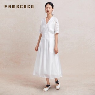 Famecoco折扣店法式镂空刺绣V领连衣裙收腰显瘦天丝长裙FAC3FA043