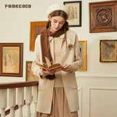 Famecoco范可儿气质镂空翻领双面呢大衣外套宽松中长款 F228AR002