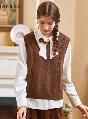 Famecoco折扣店文艺范百搭圆领针织马甲短款套头背心FAB8CA015