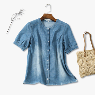 休闲风泡泡袖 上衣F213BA016 衬衫 Famecoco折扣店水洗做旧牛仔短袖