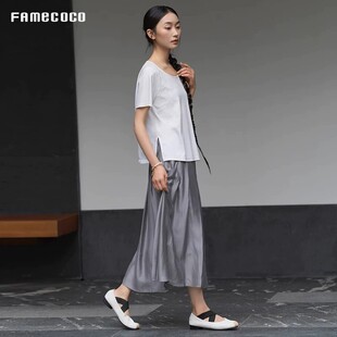Famecoco范可儿缎面天丝半身裙显瘦垂感A字百褶裙中长款FAC3HA023