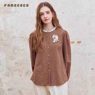 衬衣FAC1BH007 宽松灯笼袖 Famecoco范可儿法式 复古蕾丝边立领衬衫